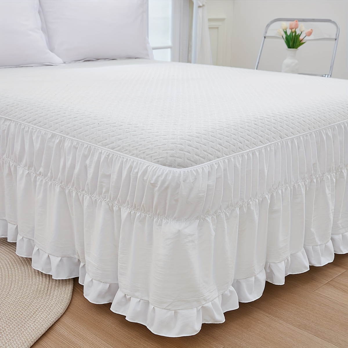 

1pc Bohemian Style White Microfiber Bed Skirt With Lace Surface, Comfortable Soft Bedding For Bedroom Decor