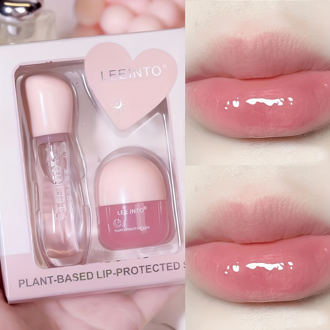 2-Piece Daily and Nighttime Lip Protection Set - Moisturizing Lip Gloss with Water Gloss, Fading Lip Lines, Lip Base