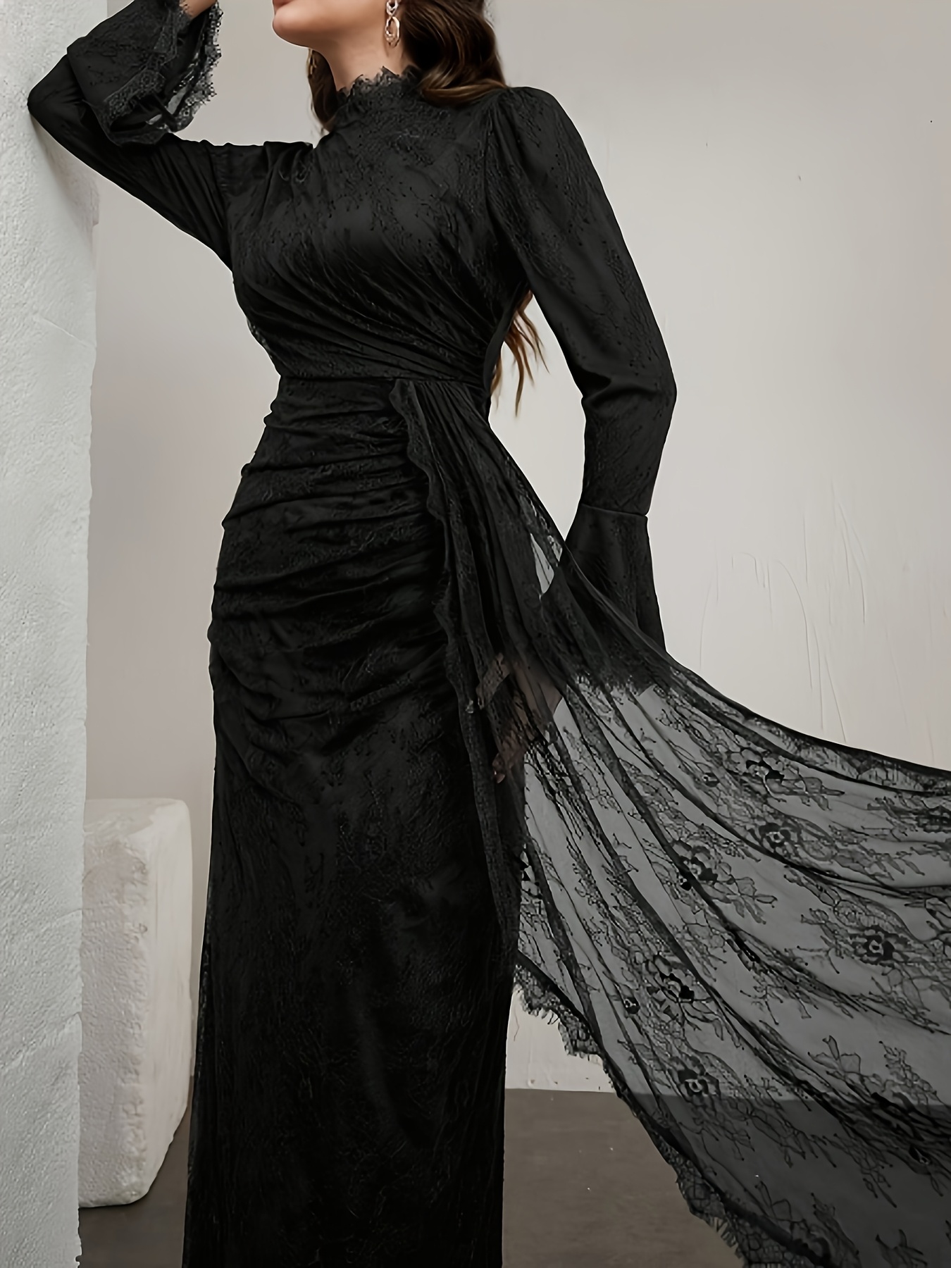 elegant long sleeve lace dress with ruffle neckline and belted waist stand collar long length suitable for     Product details 2