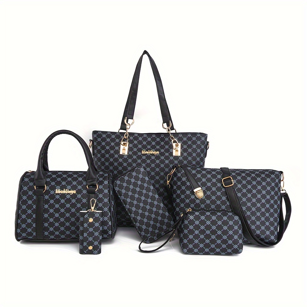 6pcs Women'S Fashionable Geometric Print PU Handbag Set