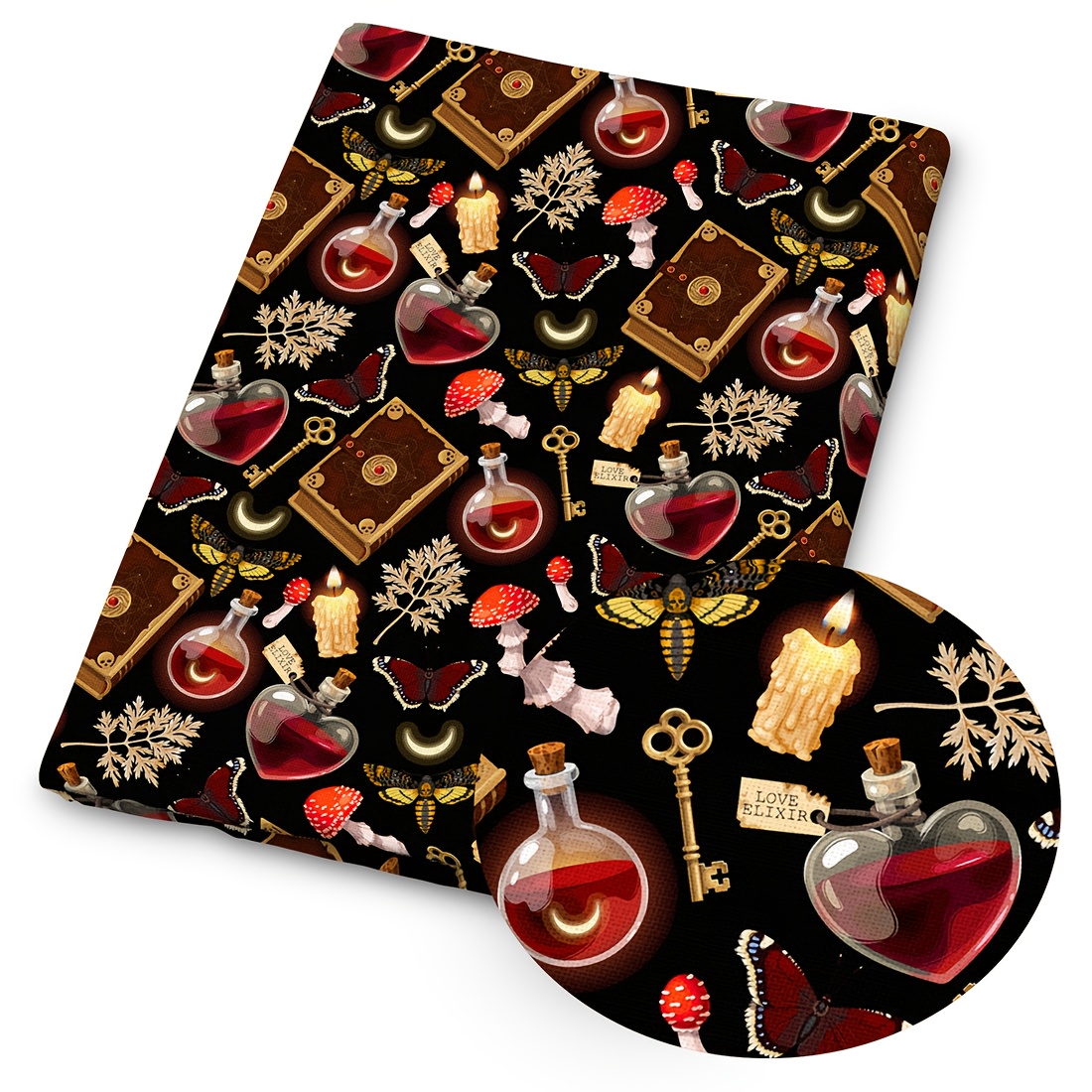 TEMU 1pc Of Halloween-themed Print Fabric - Vintage , , Red Moon, Mushroom, And Black Cat Design, Size 59x19.68 Inches (150x50 Cm), Suitable For