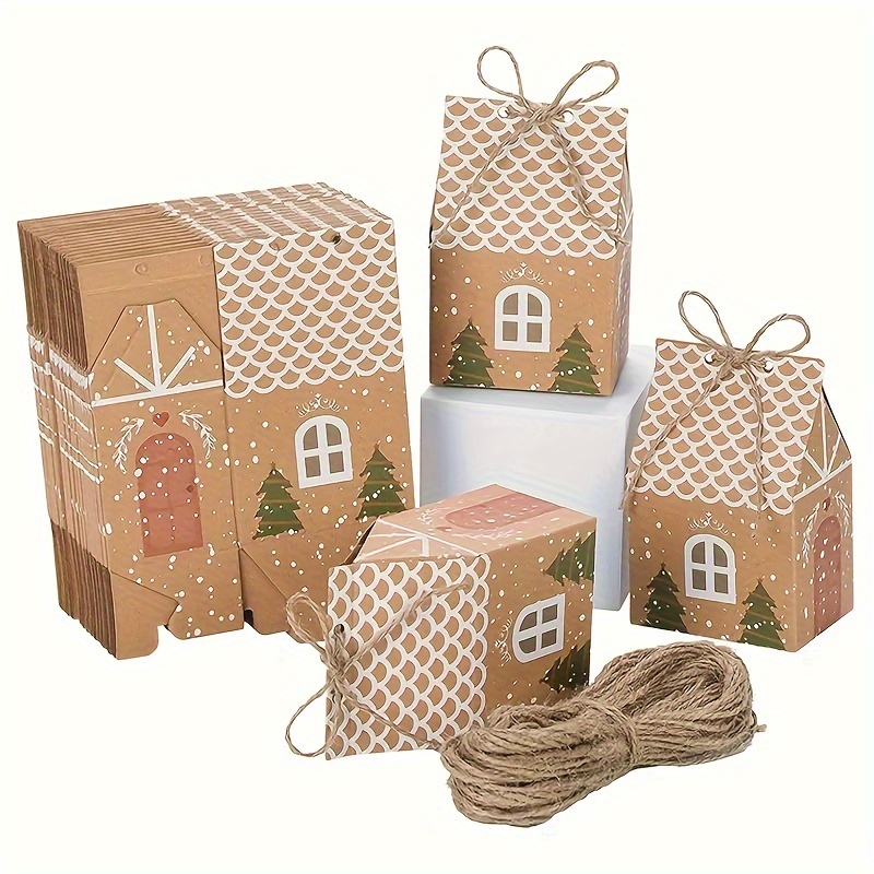 

12 Pcs Christmas House Gift Candy Boxes, Kraft Paper Tote Bag Pack With Jute Twine For Wedding Favor, Birthday, First Communion, Christmas Holiday Festive Treats