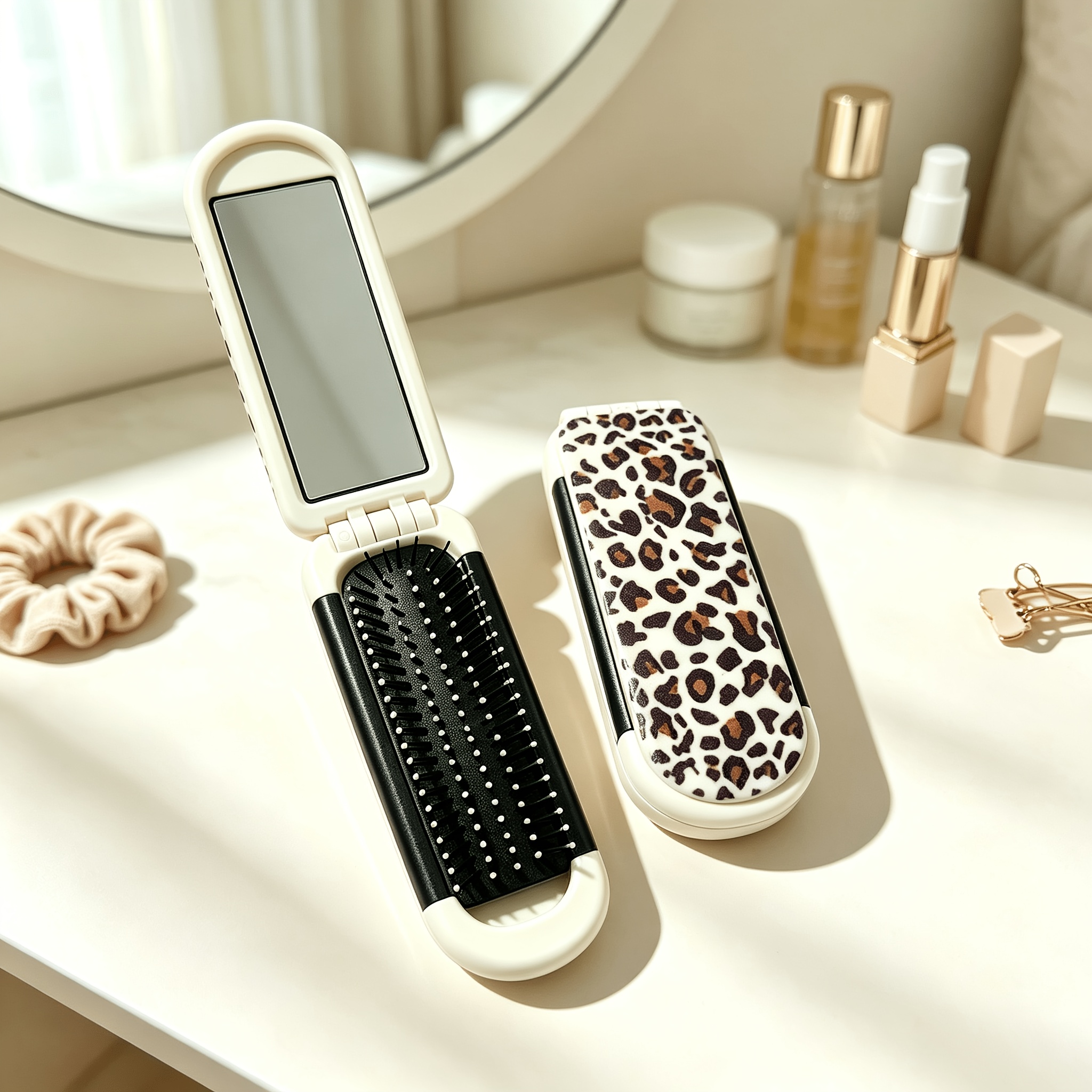 TEMU 1pc Leopard Print Portable Pocket Cushion Brush, Folding Travel Hairbrush With Mirror, Mini Detangling Comb, Outdoor Daily Styling Hair Tool