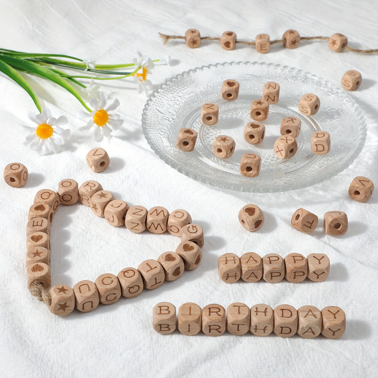 

72 Pcs Letter Wooden Beads With Jute Cord, A-z Letters Letter Cubes Wood Beads For Bracelets, Necklaces, Keychains, Crafts (3 Styles)