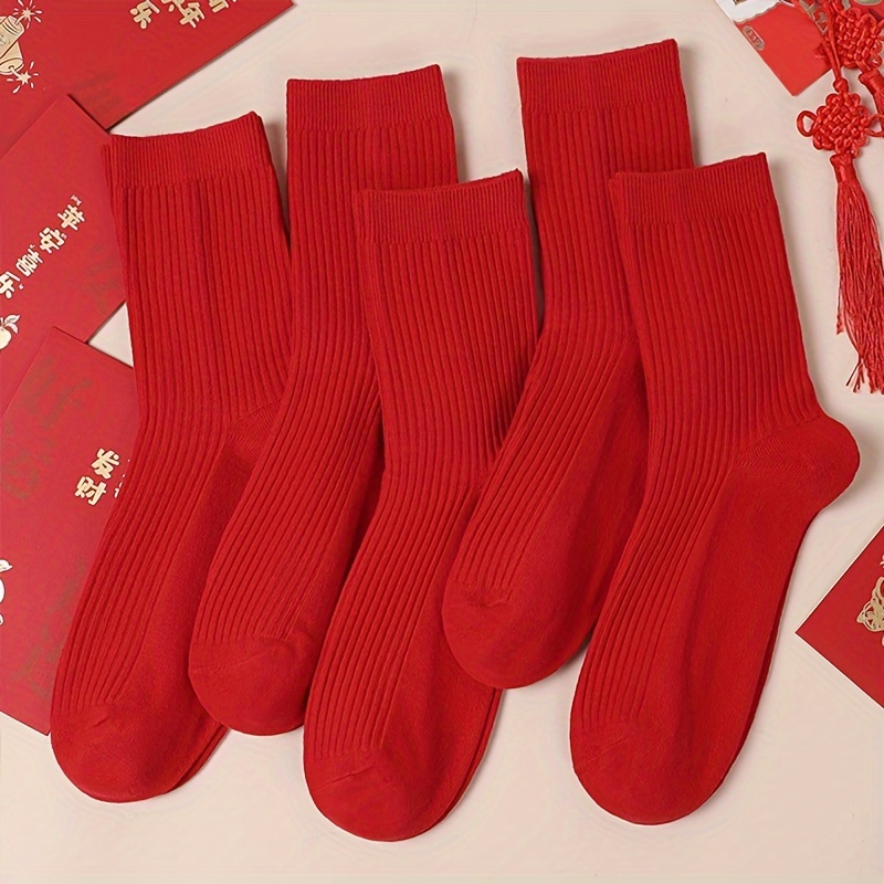 TEMU Pair Of 5, New Autumn/winter Warm Moisture-wicking Plain Solid New Year Festive Zodiac Year Unisex Over-the-knee Socks