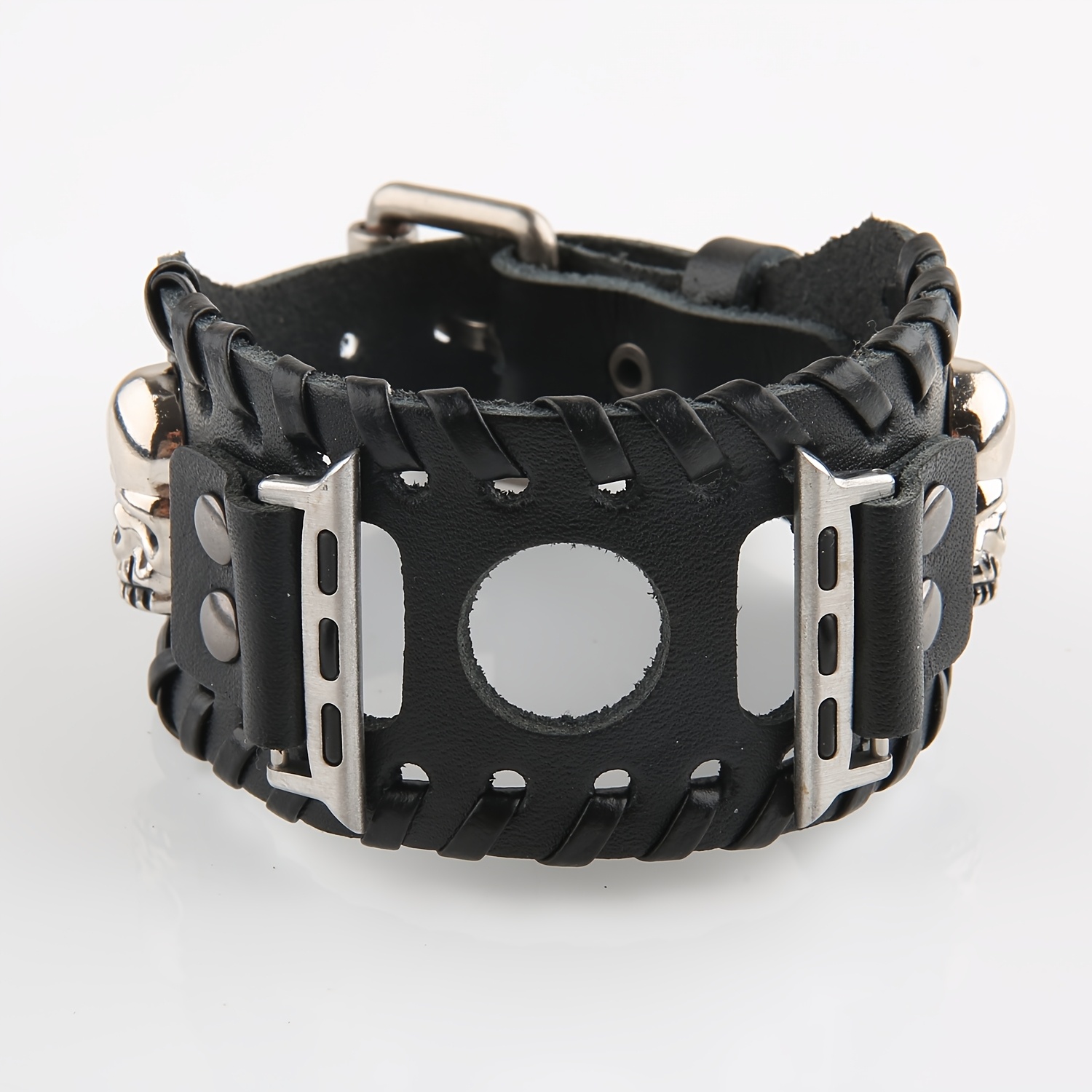 TEMU 1pc Punk Style Handmade Woven Leather Bracelet With Skull Charm, Tpu Strap, Tang Clasp, Compatible With Watch -9/se/ultra 38mm-49mm For Men And Women