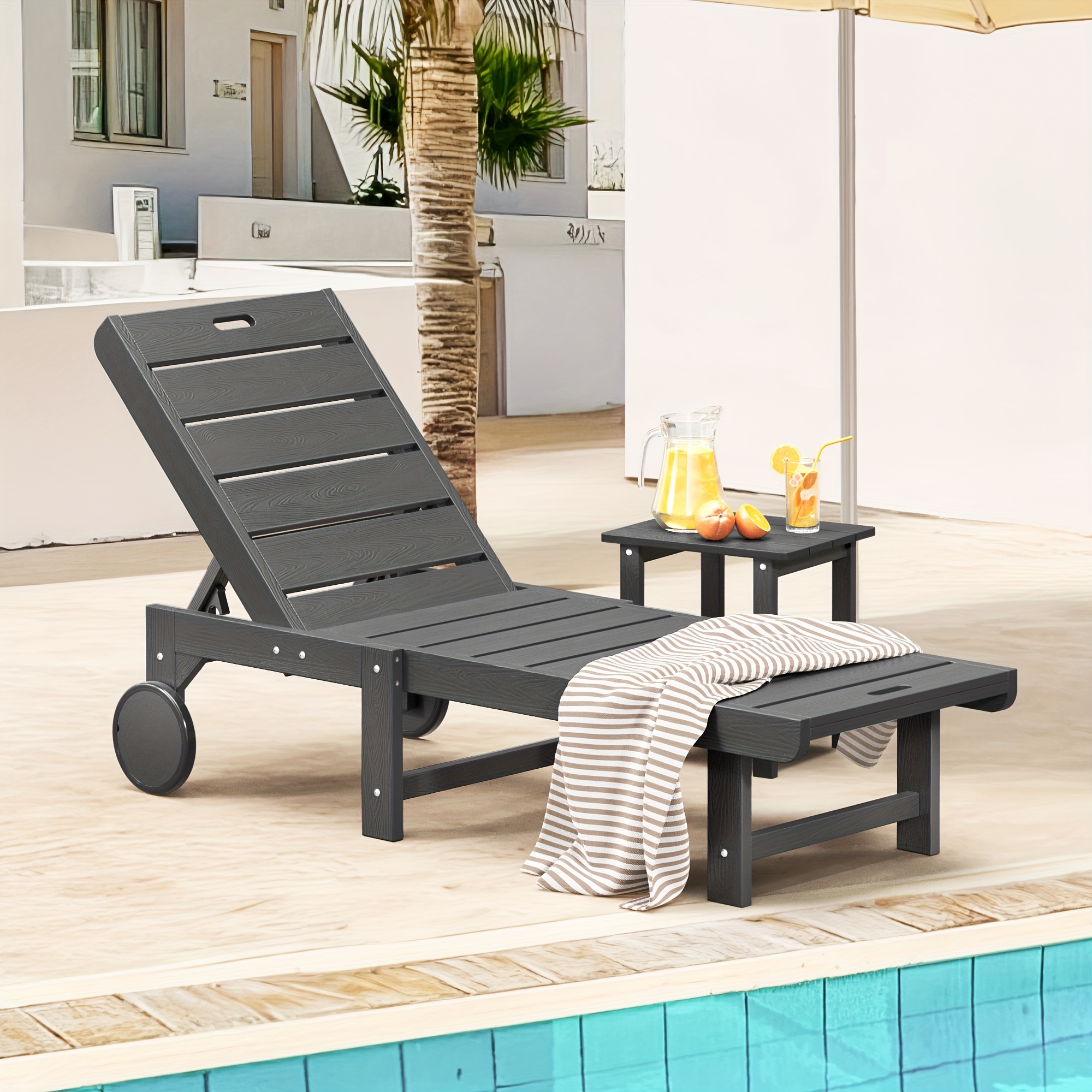 Chaise Lounge Chair Outdoor, HDPS Material, Outdoor Pool Lounge Chairs with 5-Position Backrest, Patio Lounge Chair with Wheels for Outside, Poolside, Beach