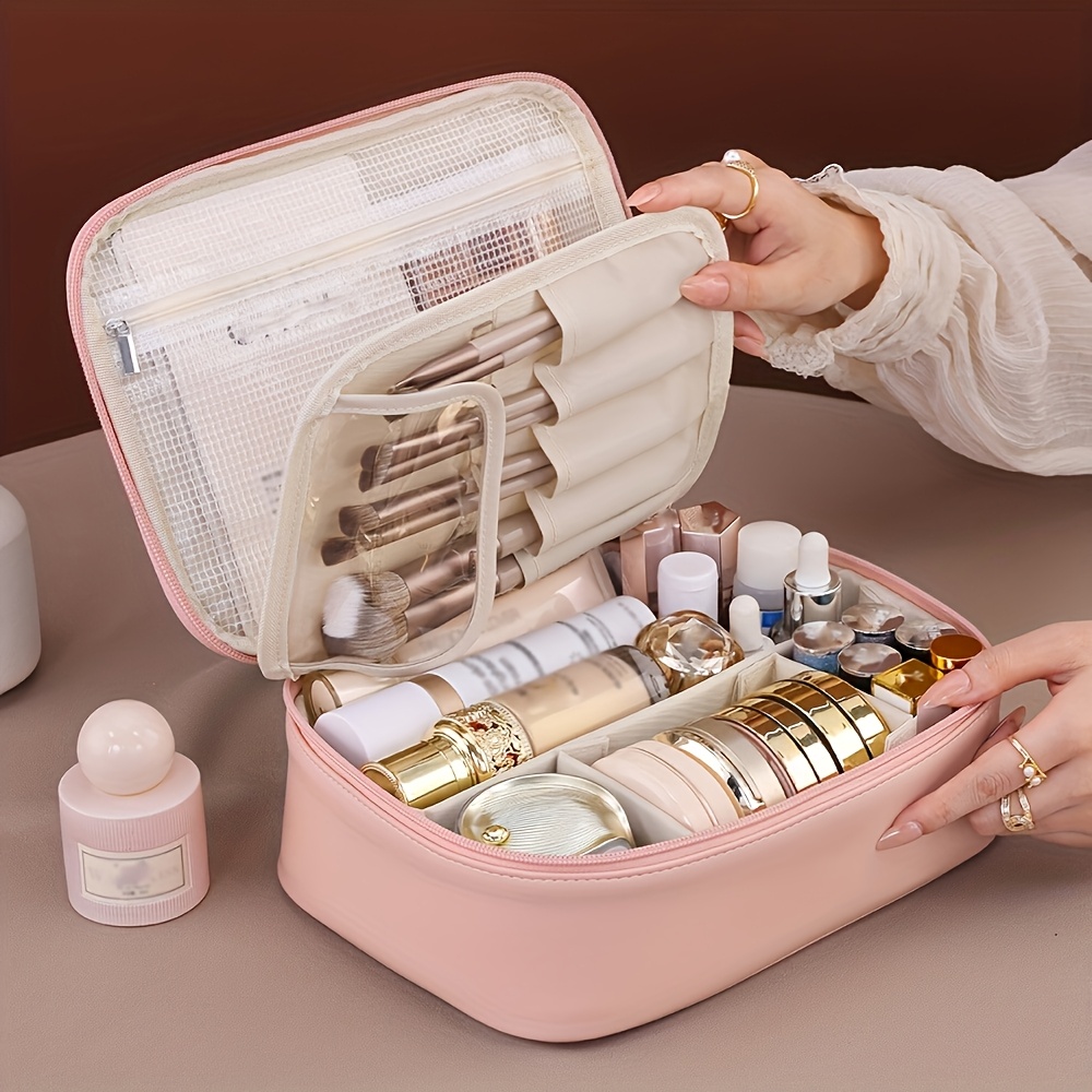 

Sac Cosmétique Détachable à Grande Multicouche, Organisateur de Maquillage de Voyage en Similicuir, Universel - Adulte, Étui de Rangement Portable pour de Beauté Parfum avec Porte-Pinceaux pour Voyage