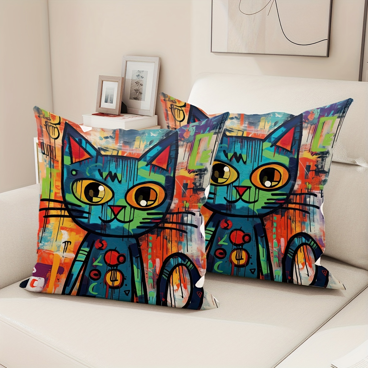 

2pcs Velvet Throw Pillow Covers Cartoon Funny Abstract Cat Animal Blue Cyan Orange Pillow Covers 18*18 Inch Suitable For Living Room Bedroom Sofa Bed Decoration
