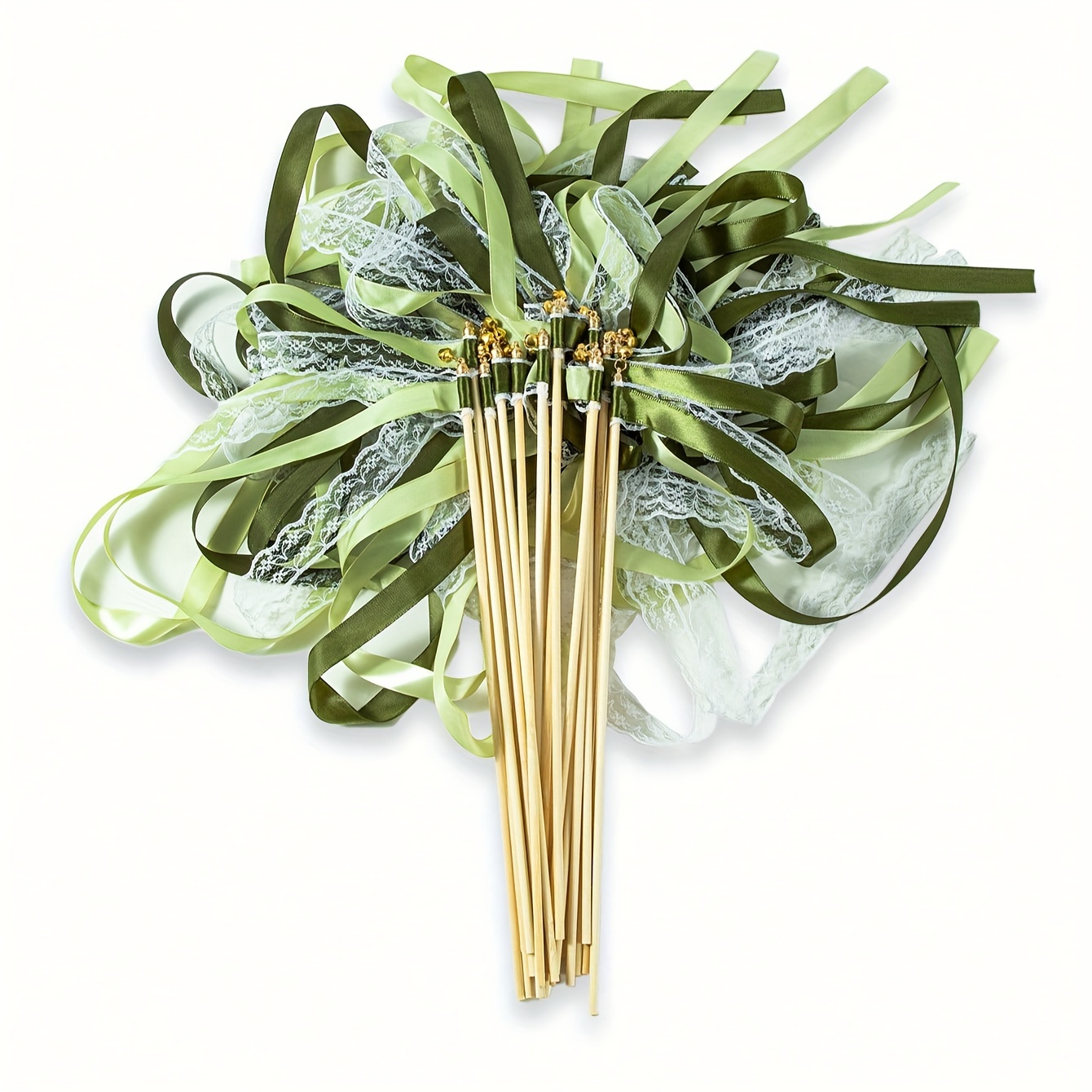 

10/20pcs With Triple Lace Ribbon And Golden Bell Party Favors Ribbon Sticks Wands For Wedding Decors (green)