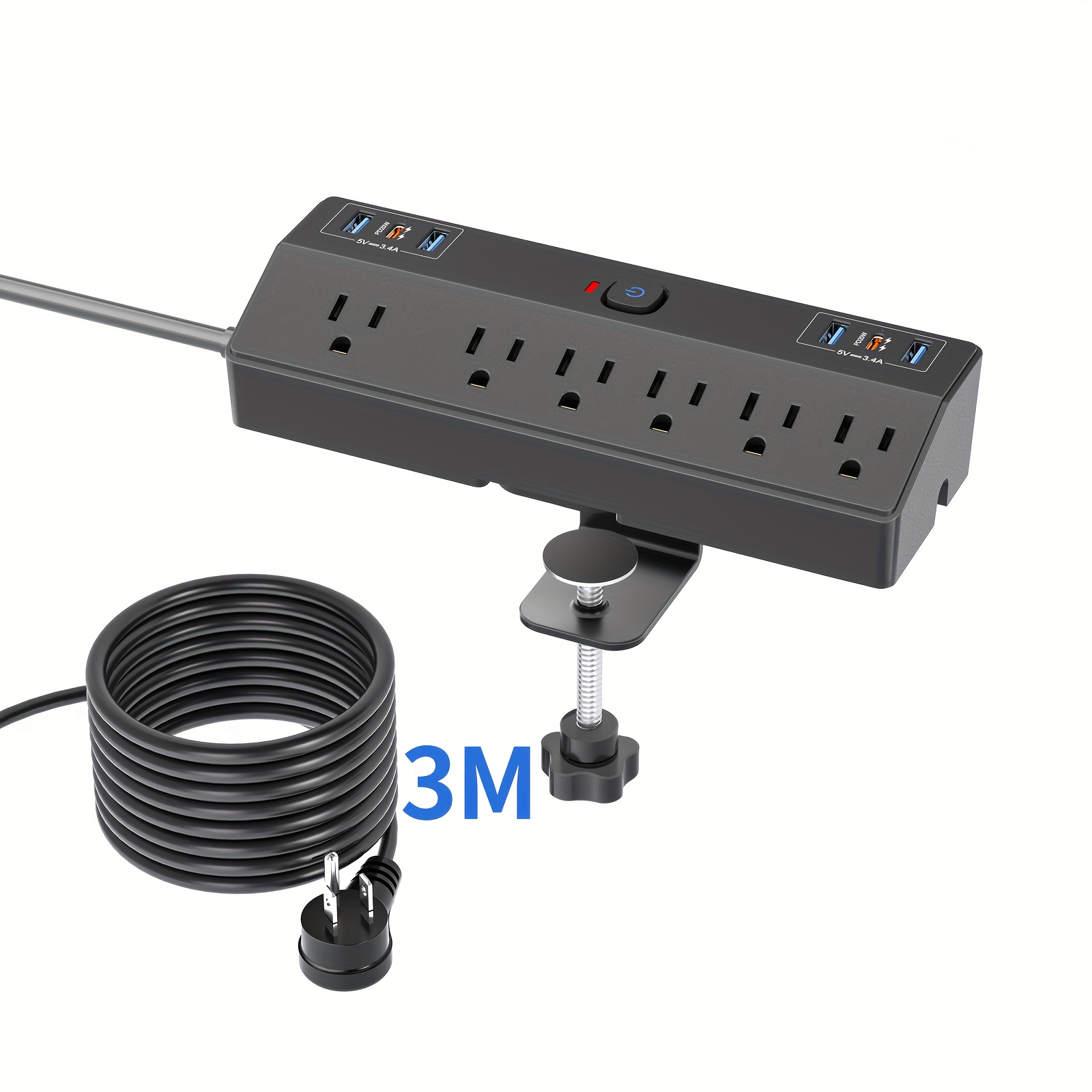 TEMU Passus -proof Desktop Power Strip, Featuring {2 Pd20w + 6 Ac Large }, A 3-meter Extra Long Cable, -key Universal Control Switch, And A Fixed