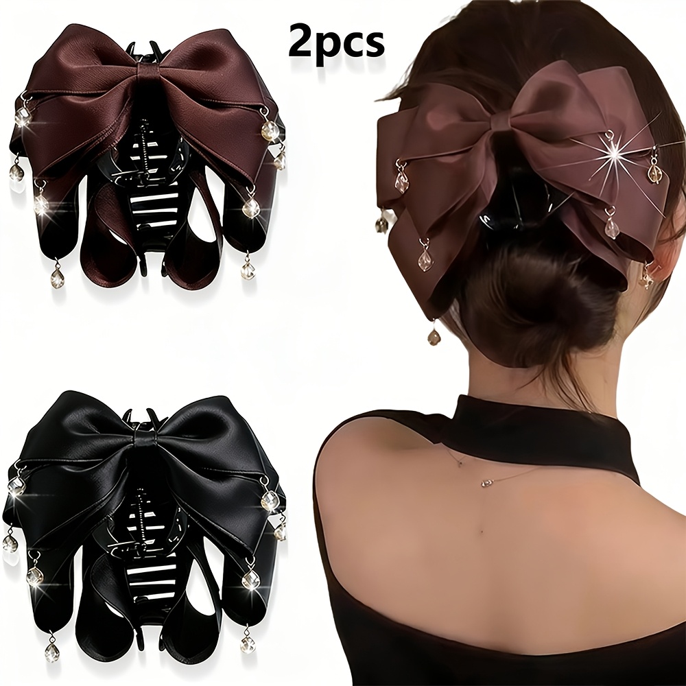 Image of 2pcs New Fabric Bow Acrylic Hair Claw Clips, Women's Fashion Tassel Pendant Large Hair Claw, Non-slip Shark Clip, Suitable For Thick Hair, Women's Hair Additions