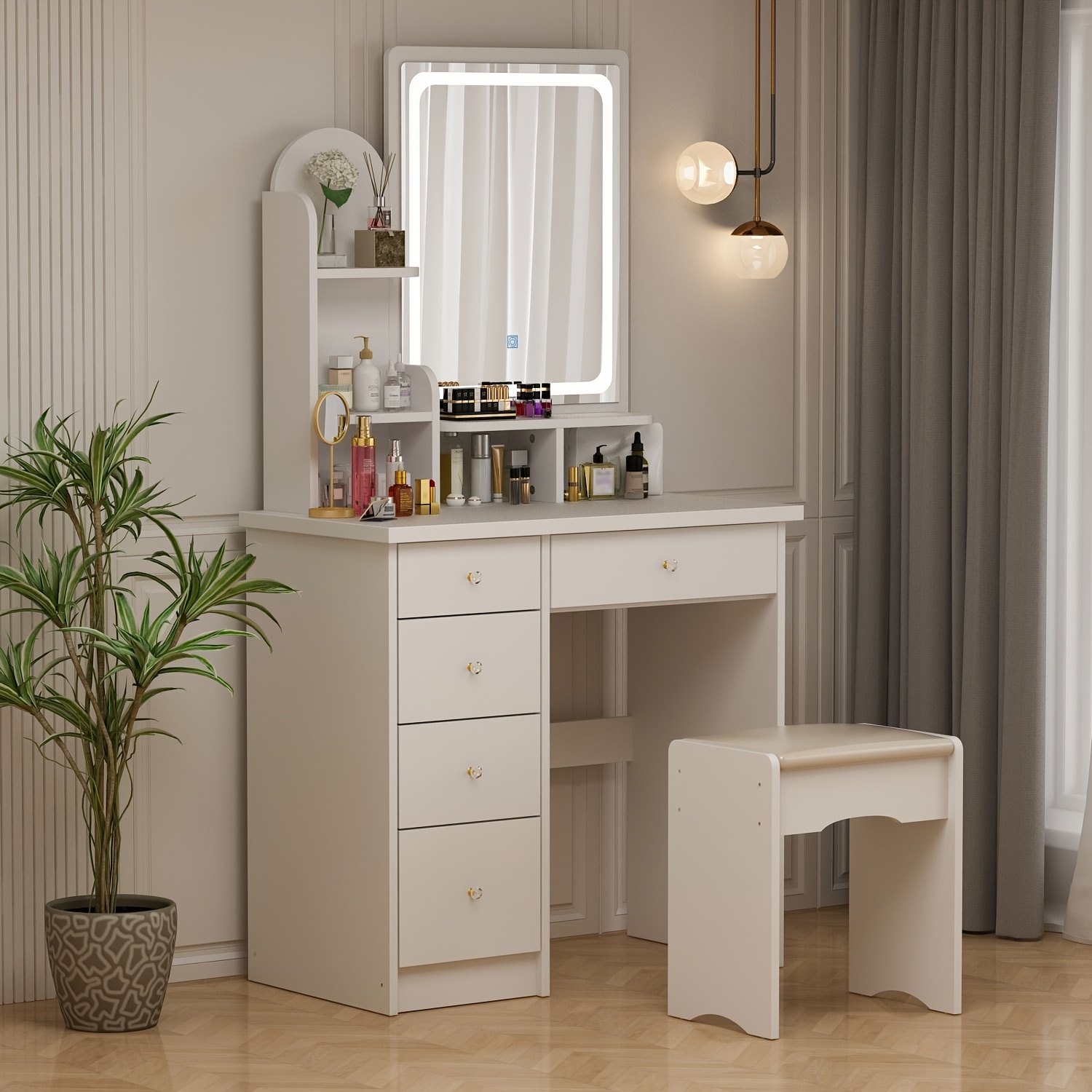 Elegant Vanity Set With 5 Drawers And Open Shelves, Dressing Table With Stool, Modern Makeup Vanity With Led Light Mirror, For Bedroom, White