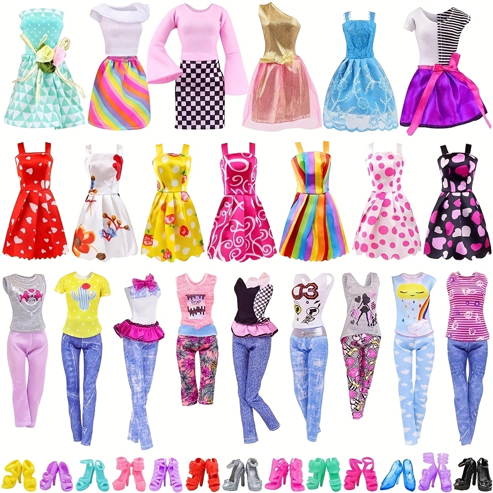32pcs Doll Dress-Up Set for Girls, Assorted Styles with 10 Outfits, 10 Shoes, 6 Crowns, 6 Necklaces, Fashion Accessory Collection, Mixed Color, Durable Plastic Material