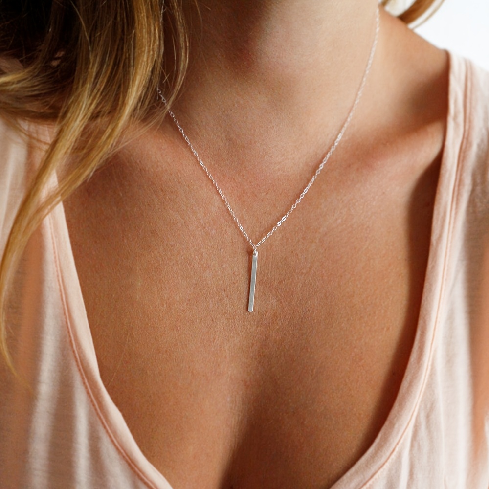 Stainless Steel Long Bar Pendant Necklace, Unisex