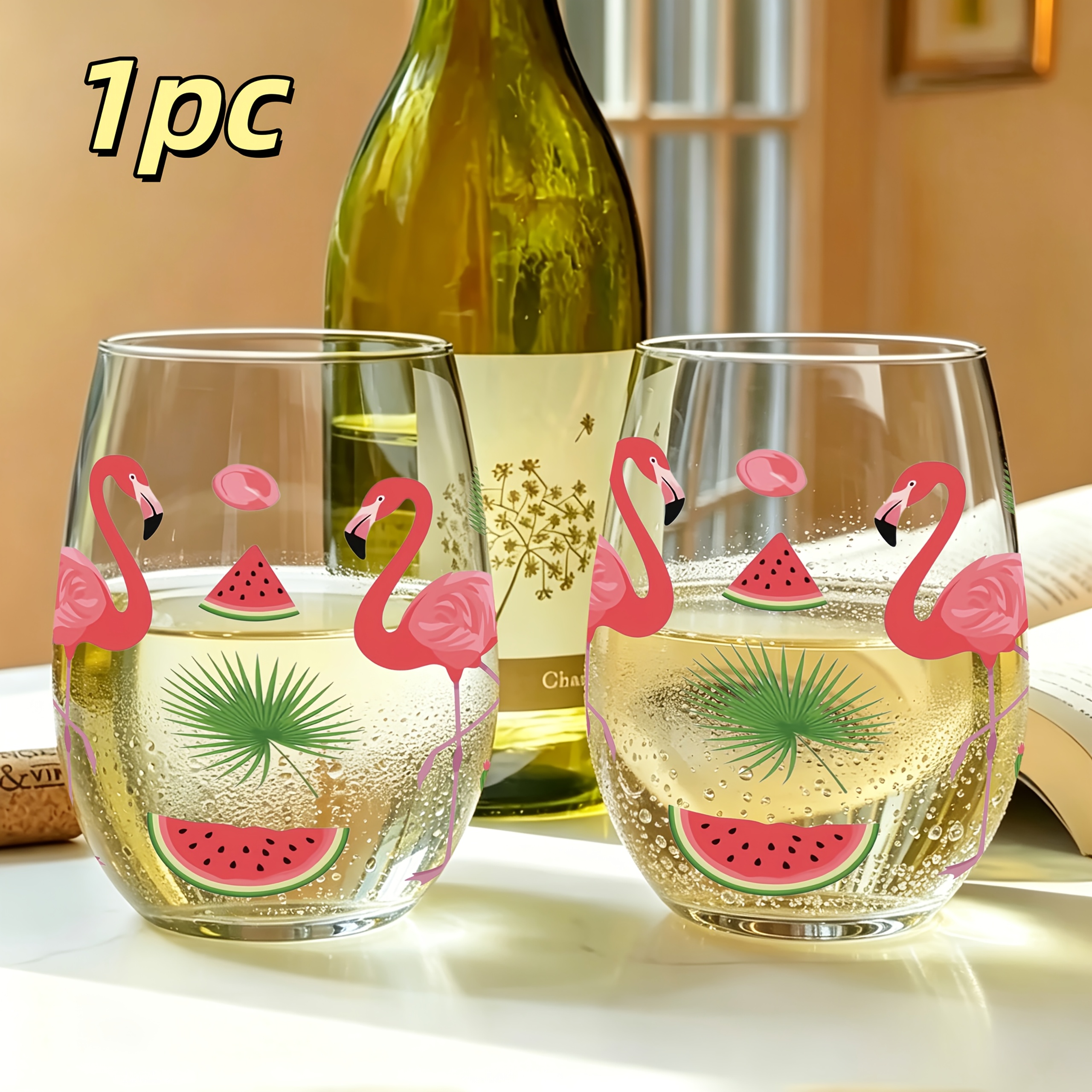 TEMU 1pc Flamingo Cactus Watermelon Print 350ml Egg-shaped Glass, Drinking Cup, Stemless Wine Glass, And Whiskey Glass, Scratch-resistant, Reusable