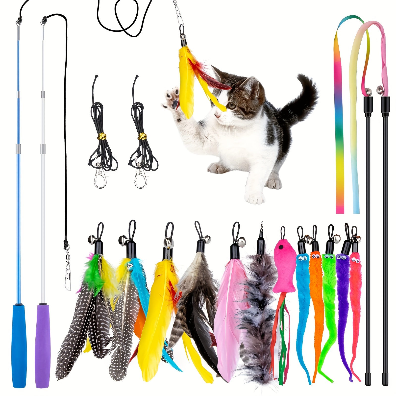 TEMU Cat Feather Toys 18 Pack Interactive Cat Toys Include 2pcs Retractable Cat Wand Toys Cat Rainbow Wand And 10pcs Assorted Cat Teaser Refills With