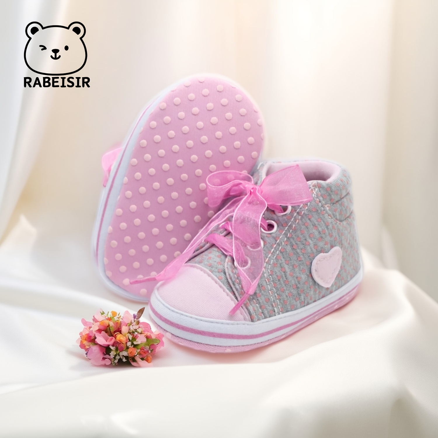 RABEISIR Adorable Heart- Walking Shoes - Soft Fabric Footwear with Pink Ribbon Accents, Lace-Up Closure for Infants & Toddlers - Ideal for Casual Gatherings & Winter, Pink Ribbon Detail, RABEISIR