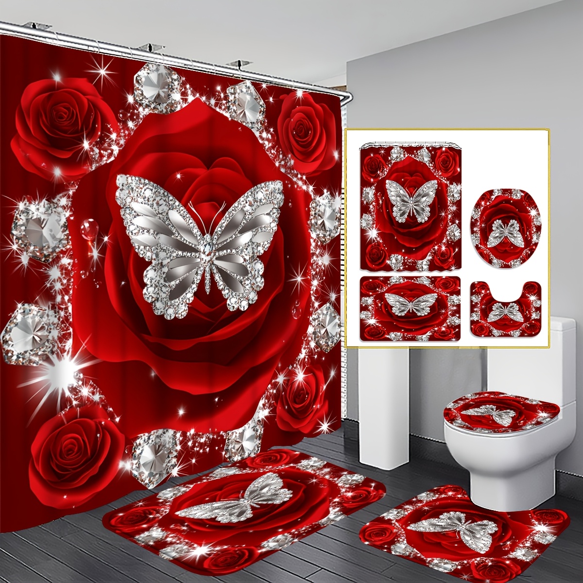 TEMU 2d Flat 4pcs Red Rose Shower Curtain Set, Red Roses And Bathroom Decor, Accessories With Bath Mat, U-shaped Mat, Toilet Lid Cover, 12 Hooks