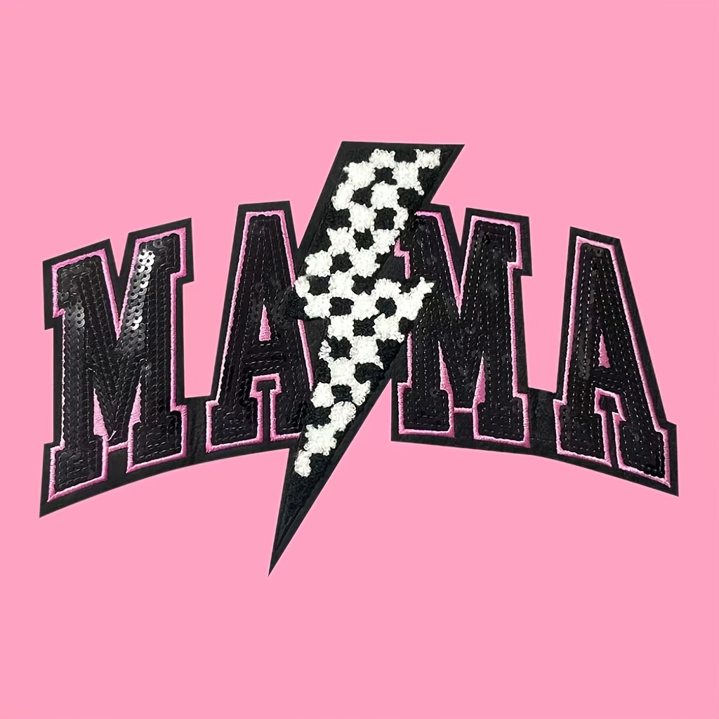 

1pc 10-inch Sparkling "mama" With Lightning Bolt Design, Iron-on Embroidered Patch In - Polyester, For , Hats, Bags - Fashionable Handcrafted Decor