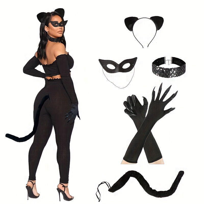 5pcs halloween costume accessories set cosplay kit with long claw gloves cat ears headband choker necklace masquerade mask and tail for witch wizard theme parties details 1