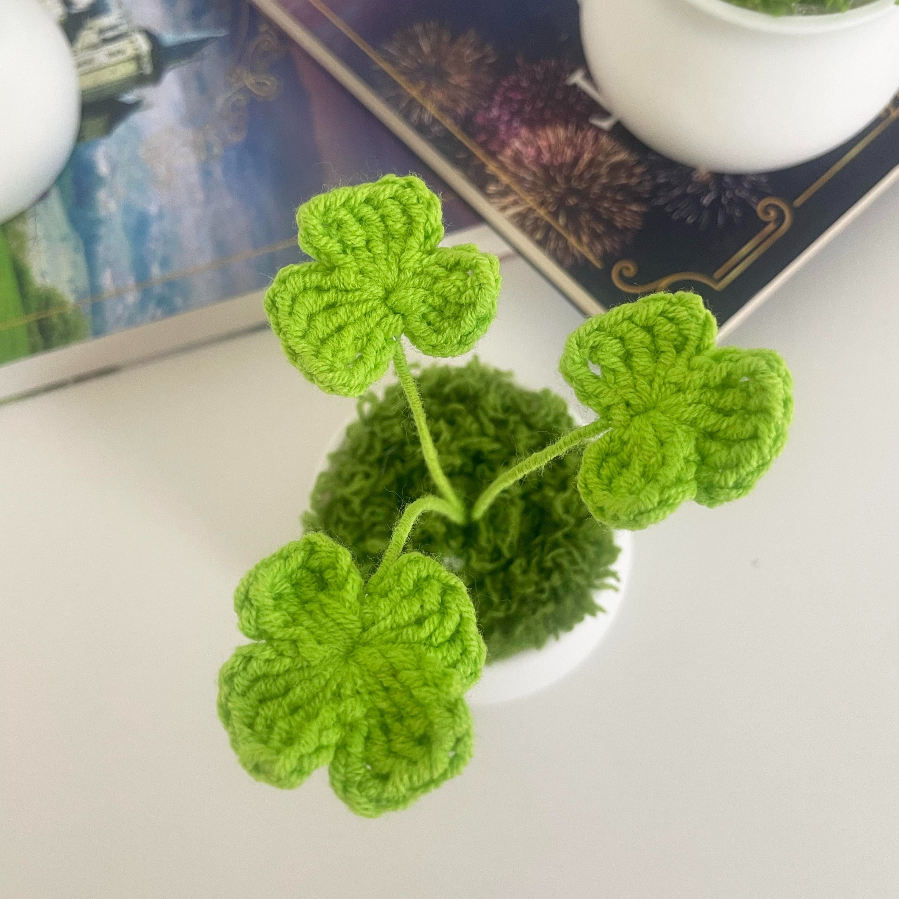 

1pc Handmade Crocheted Four-leaf Lucky Grass Home And Office Tabletop Decoration Unique Gifts Artificial Plant Potted