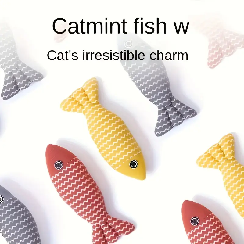 3pcs fish shaped throw pillows for cats plush interactive scratching toys with realistic herringbone patterns cat grass scented stuffed fish in yellow gray red cat plush toy pet relaxation aid details 1