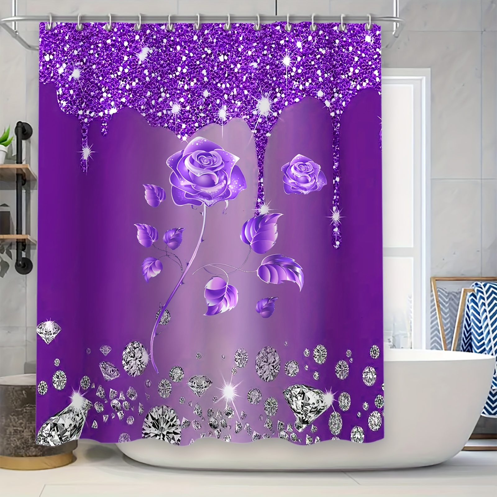 

1pc Purple Diamond Roses Pattern Shower Curtain With Hooks, Waterproof Bathroom Partition Curtain, Bathroom Accessories, Home Decor