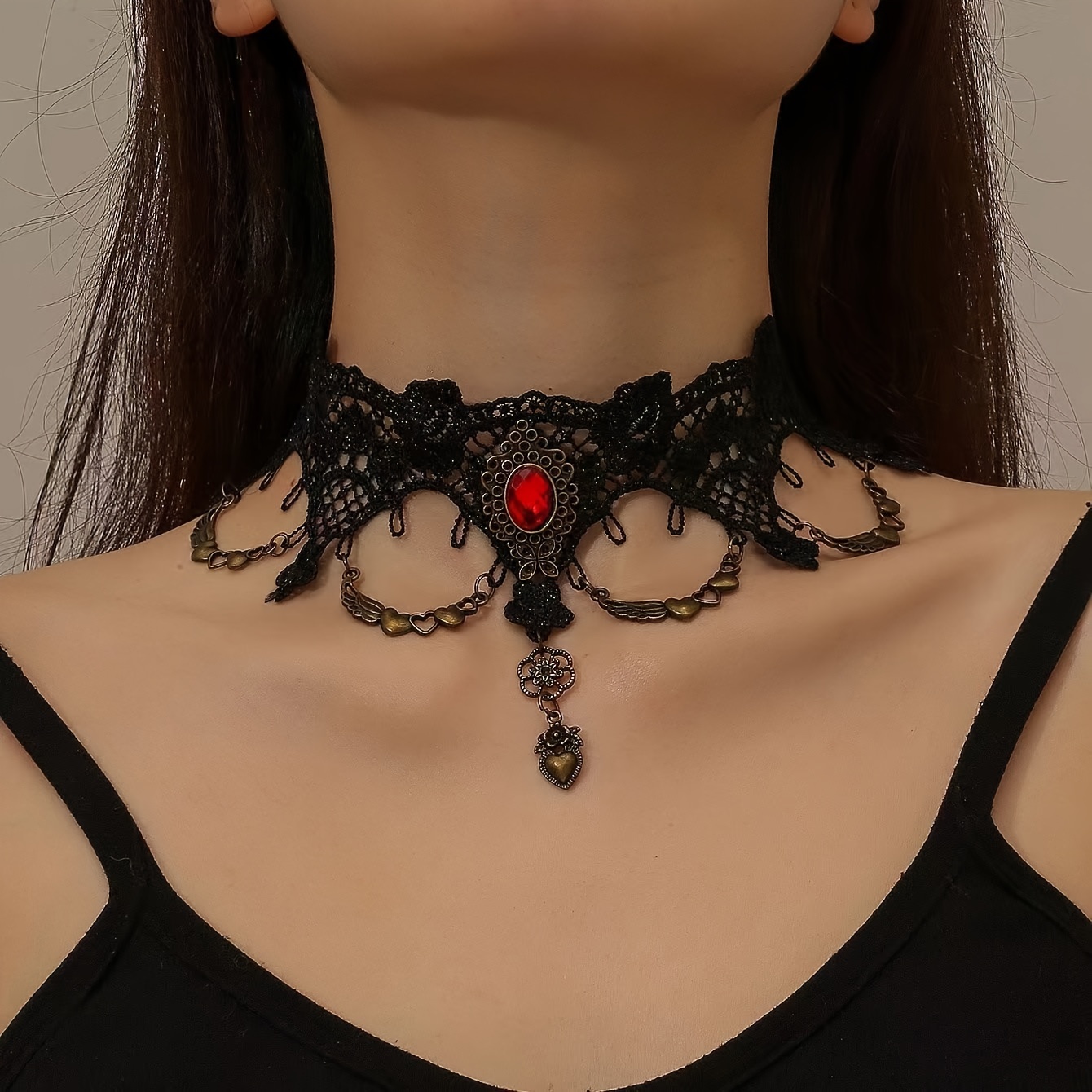 

Vintage Gothic Black Lace Choker Necklace With Red Gemstone Pendant And Heart Drop - Elegant Women's Collar Chain For Daily And Gift Occasions