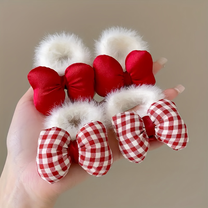 TEMU 2/4pcs Holiday Fabric Bow Headbands For Women - Red Plush Sponge And Plaid 3d Bow Elastic Hair Bands - Round Cute Hair Additions For Christmas