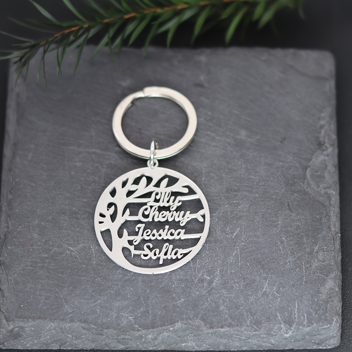 Custom 4 Names Tree Keychain Stainless Steel Family Keyring