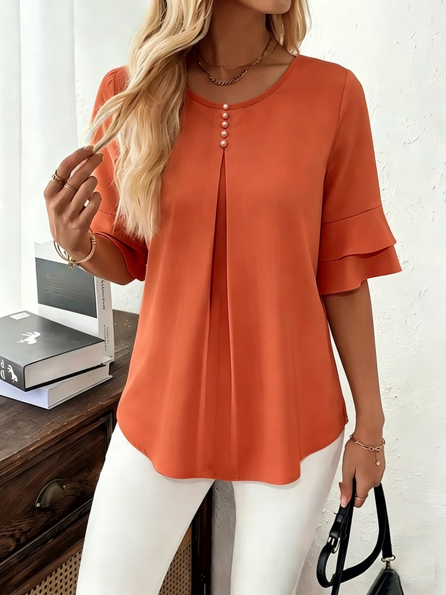 Elegant Flared Sleeve Shirt, Summer Loose Solid Round Neck Top