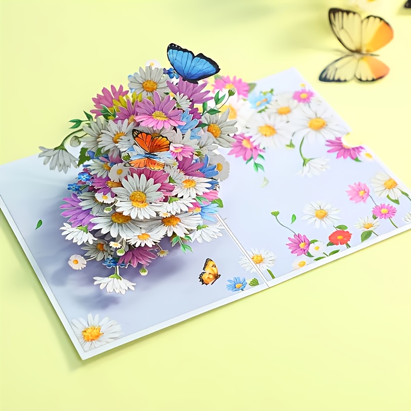 E-shop 3D Pop-Up-Grußkarte mit Gänseblümchen-, Schmetterlings- Blumenstrauß-Motiv inkl. Umschlag für Geburtstag, Muttertagsgeschenk