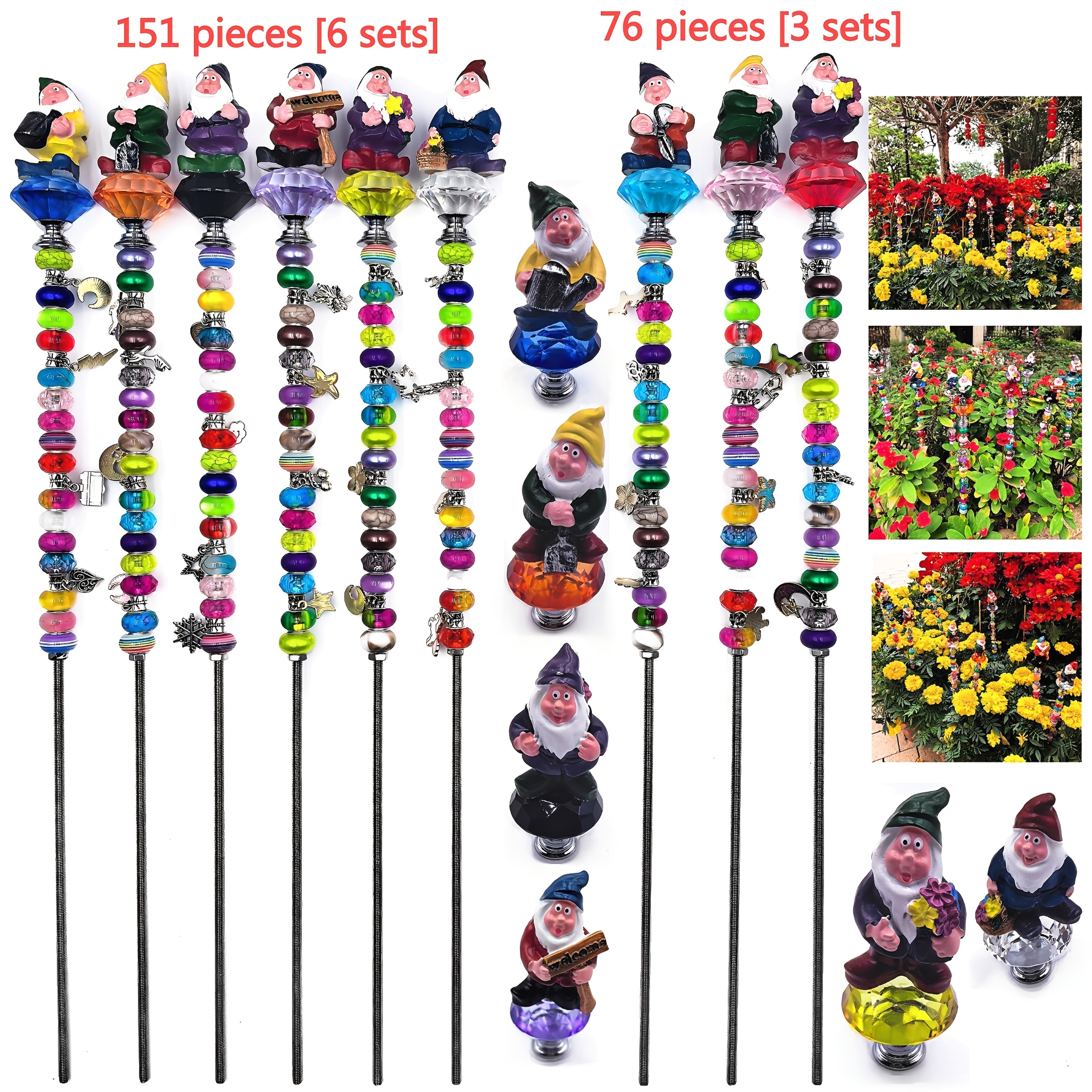 151pcs and 76pcs of garden stakes featuring gnomes   garden stakes with crystal topped round glass beads antique silver decorative beads with pendants and diy outdoor garden stake decorations measuring 420mm in length
