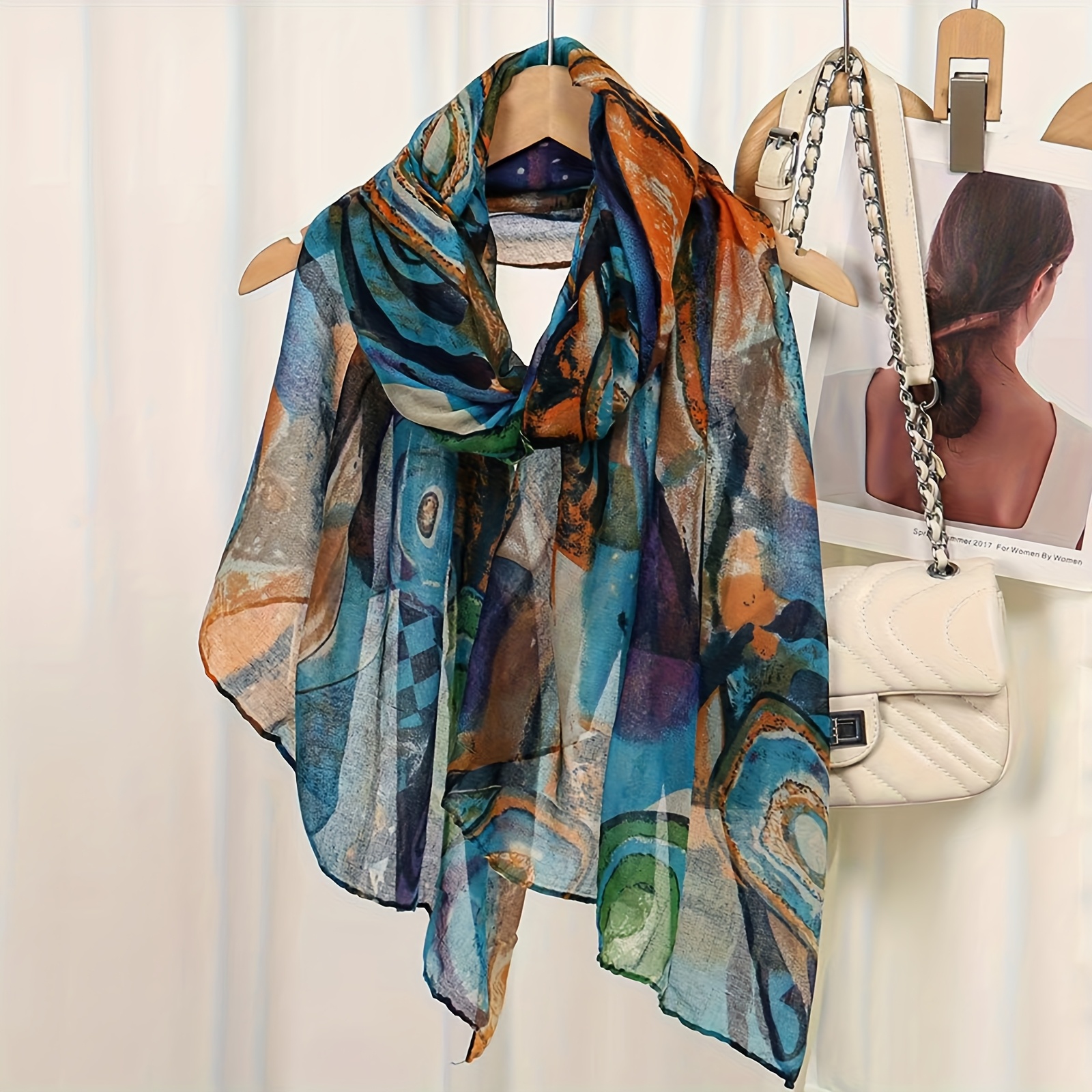 TEMU Pañuelo largo de moda , chal estampado de hilo Bali, bufanda étnica de otoño/invierno, pañuelo de cuello largo fino artístico vintage del