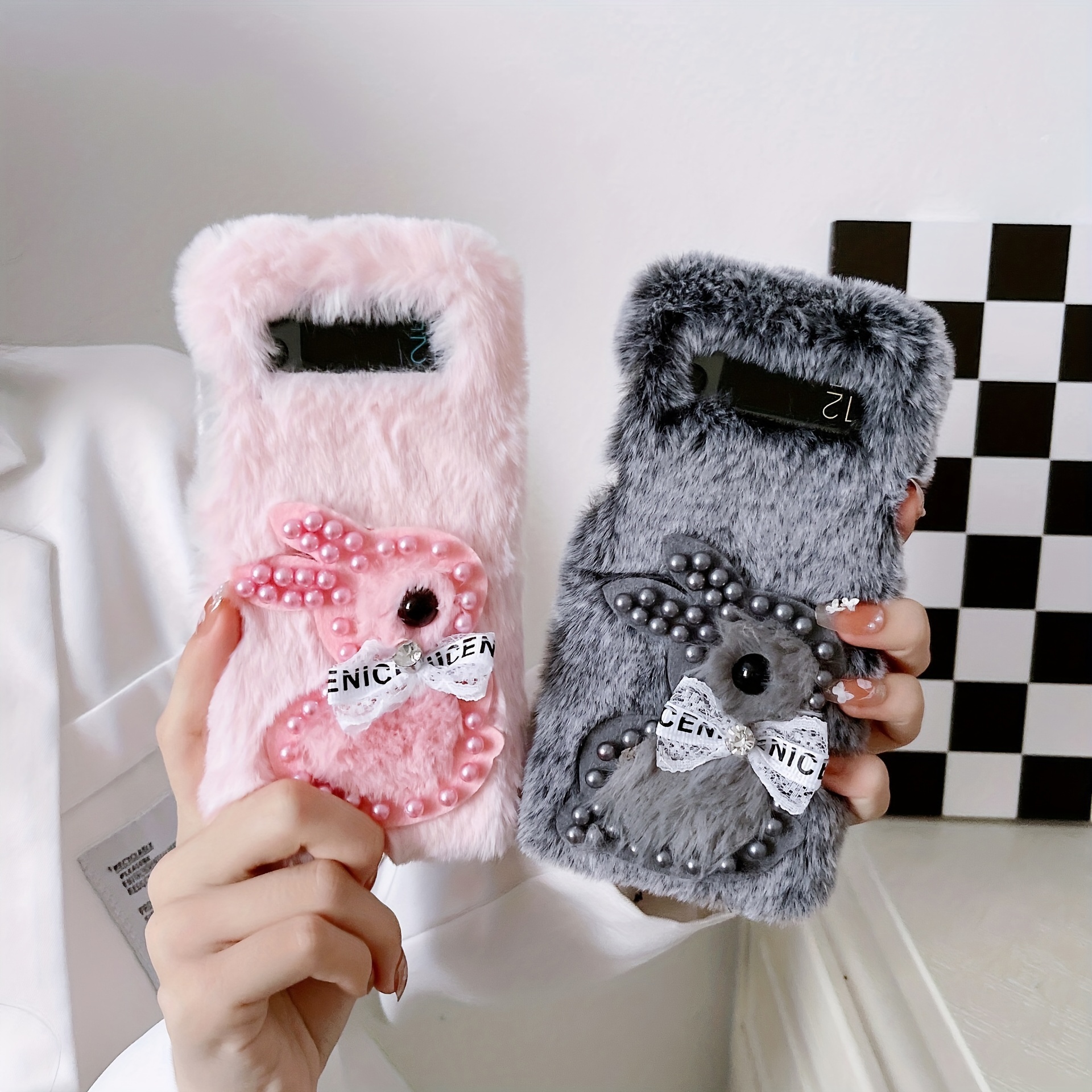 

Cartoon 3d Pearl Rabbit Plush Folding Phone Case Suitable For Samsung 4 5 Full Coverage High-end Folding Phone Case