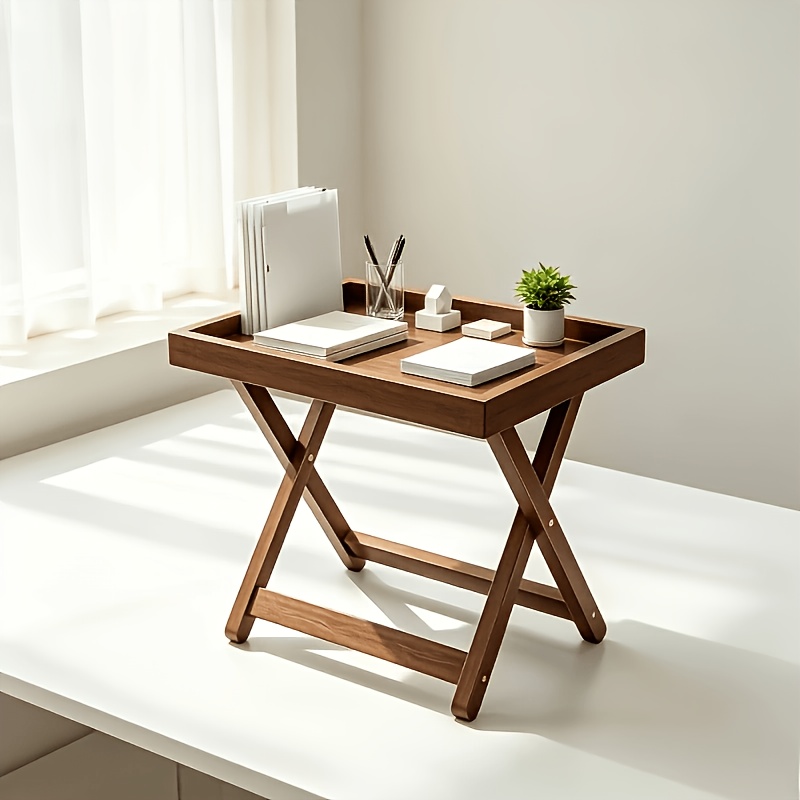 TEMU Office Walnut-colored Foldable Computer Side Table. Office Tidy Desk, With Edge- Tabletop Storage, Stable Load-bearing, Cross-folding Structure,