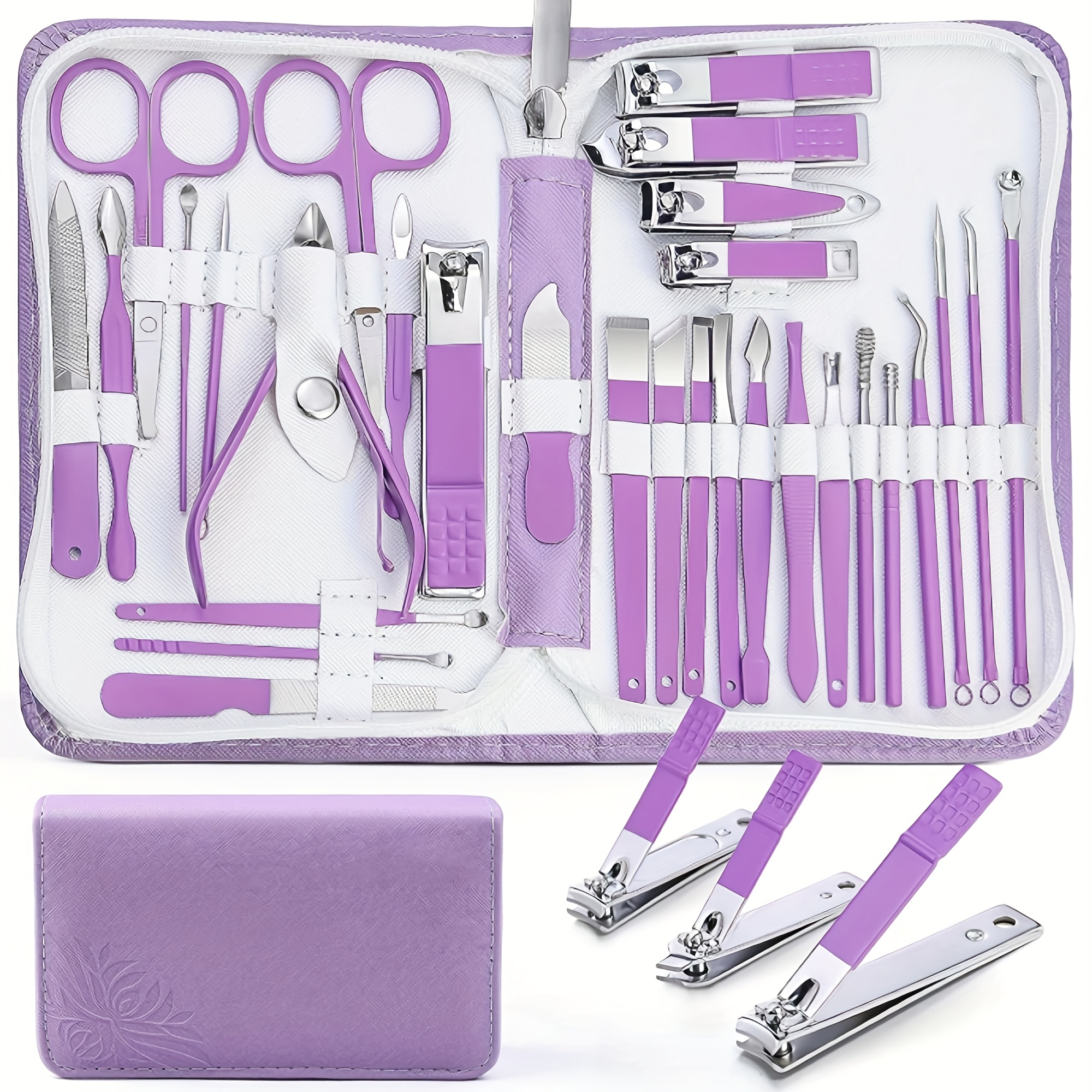 TEMU Care Kit - With Purple Travel Case, Stainless Steel Tools For Salon- - Includes Clippers, Cuticle Nipper, Dead Light Beige Fork - Care, Facial - Portable & Durable
