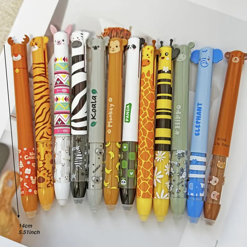 6pcs 12pcs cute zoo theme erasable gel pens two colors blue and red color ink pen with eraser clear double retractable clicks gel pen smooth writing for journaling supplies Product details 1