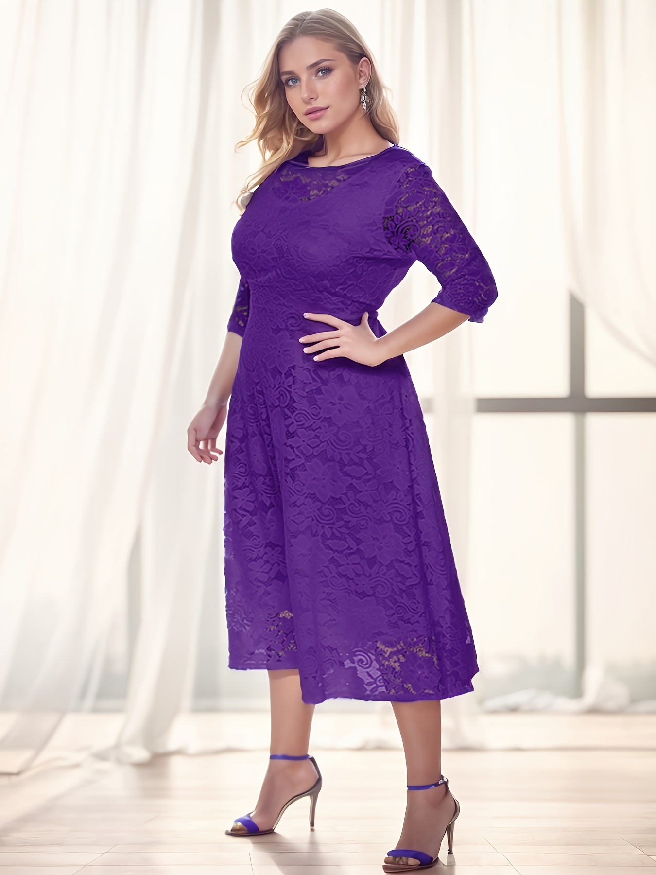 elegant purple lace midi dress women plus size crew neck 3/4