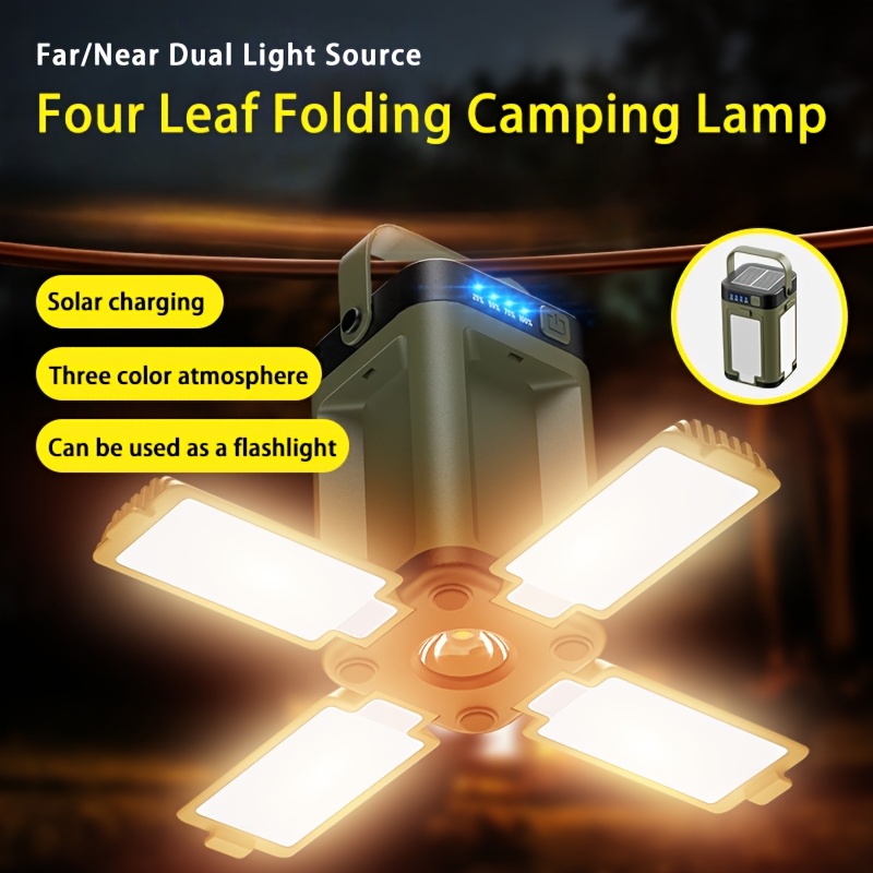 Portable rechargeable solar camping light, rechargeable flashlight, six lighting modes, portable hanging tent light, six lighting modes, foldable clover LED floodlight. Suitable for camping, hiking, traveling, fishing, emergency situations, gifts.