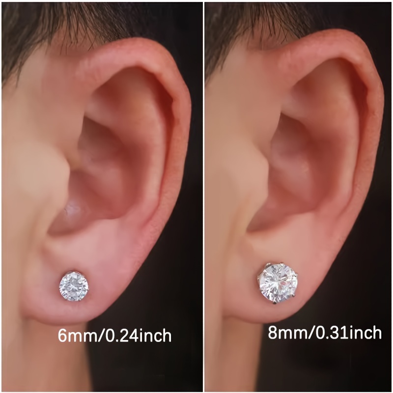 2pcs pair 6mm 8mm shiny synthetic zirconia stainless steel