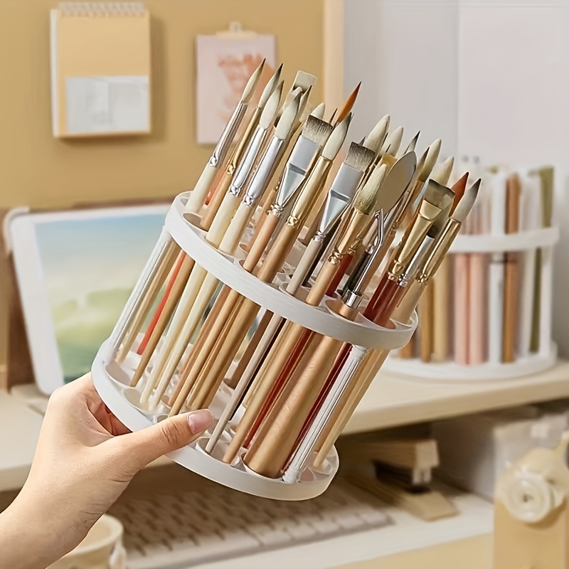 360? Rotating Brush Holder - Glazed Plastic Insert Stand, Suitable for Art Brushes, Pens, Makeup Tools - Space-Saving White Desktop Accessory