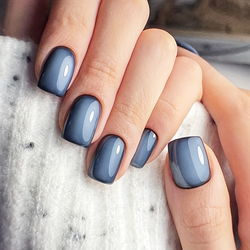 

24-piece Short Square Blue Glossy Press-on Nail Set - Full Cover Solid Color False Nails With Jelly Adhesive & Nail File For Women