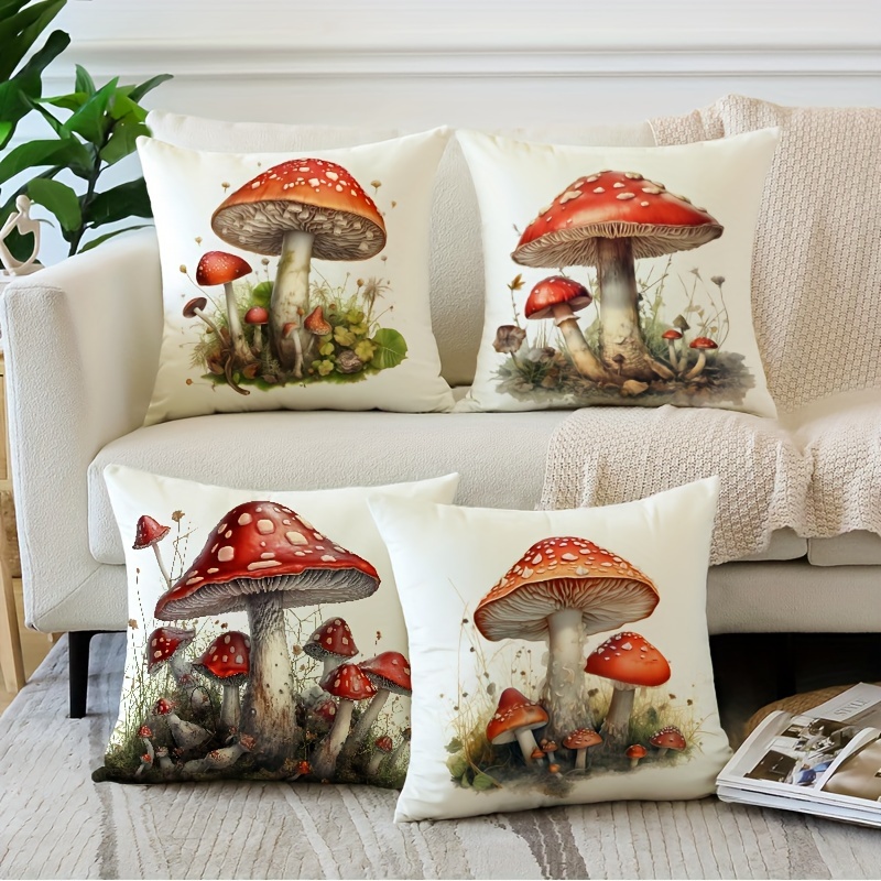 

4pcs Set Red Mushroom Throw Pillow Covers - , Zip Closure, Machine Washable Polyester Cases For Home & Sofa Decor, 18x18 Inches (pillow Not Included)