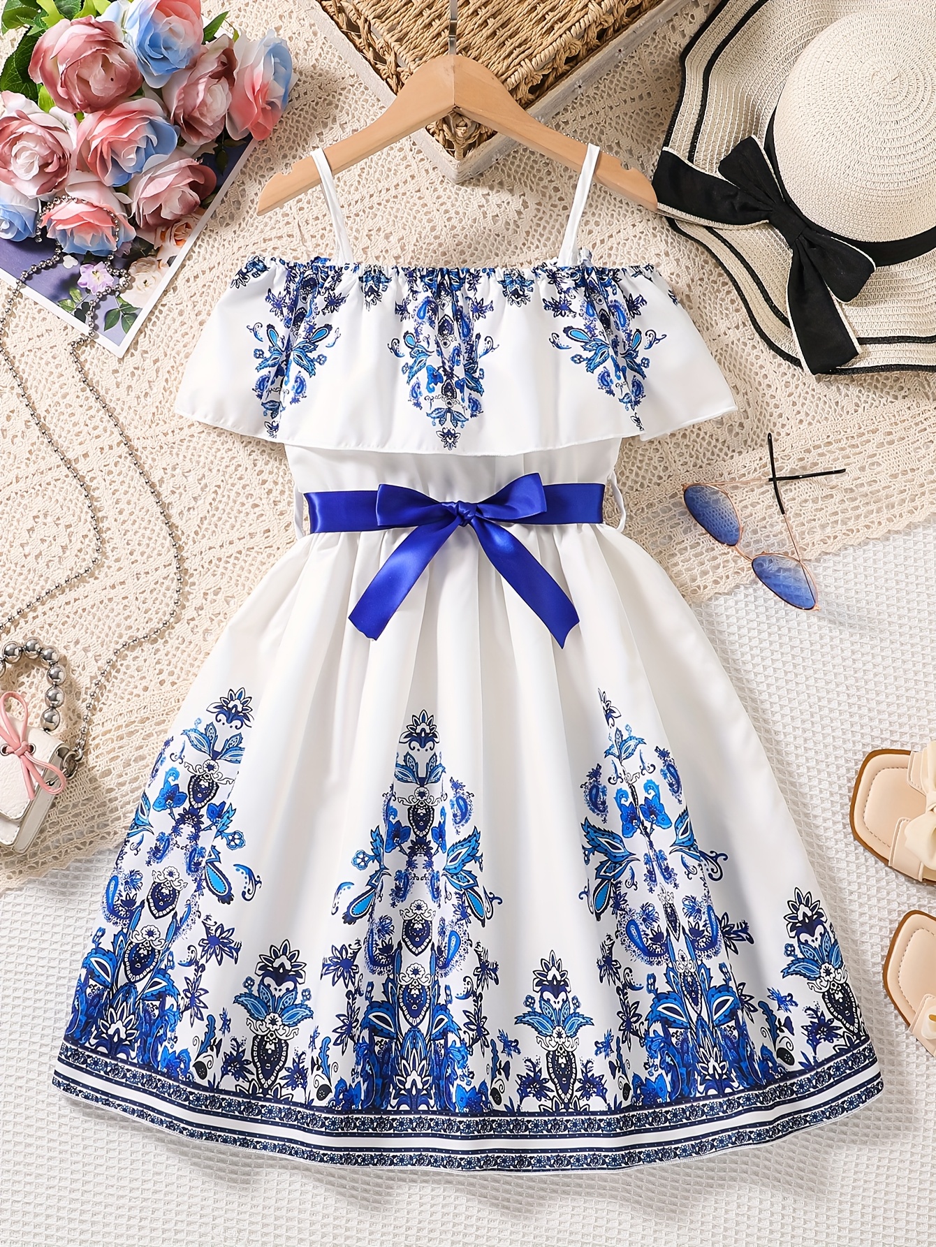 vestido elegante niña flores hombros descubiertos faja Temu