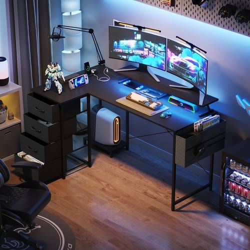 l shaped gaming desk 140cm convertible computer desk with monitor stand gaming table with drawers black white walnut