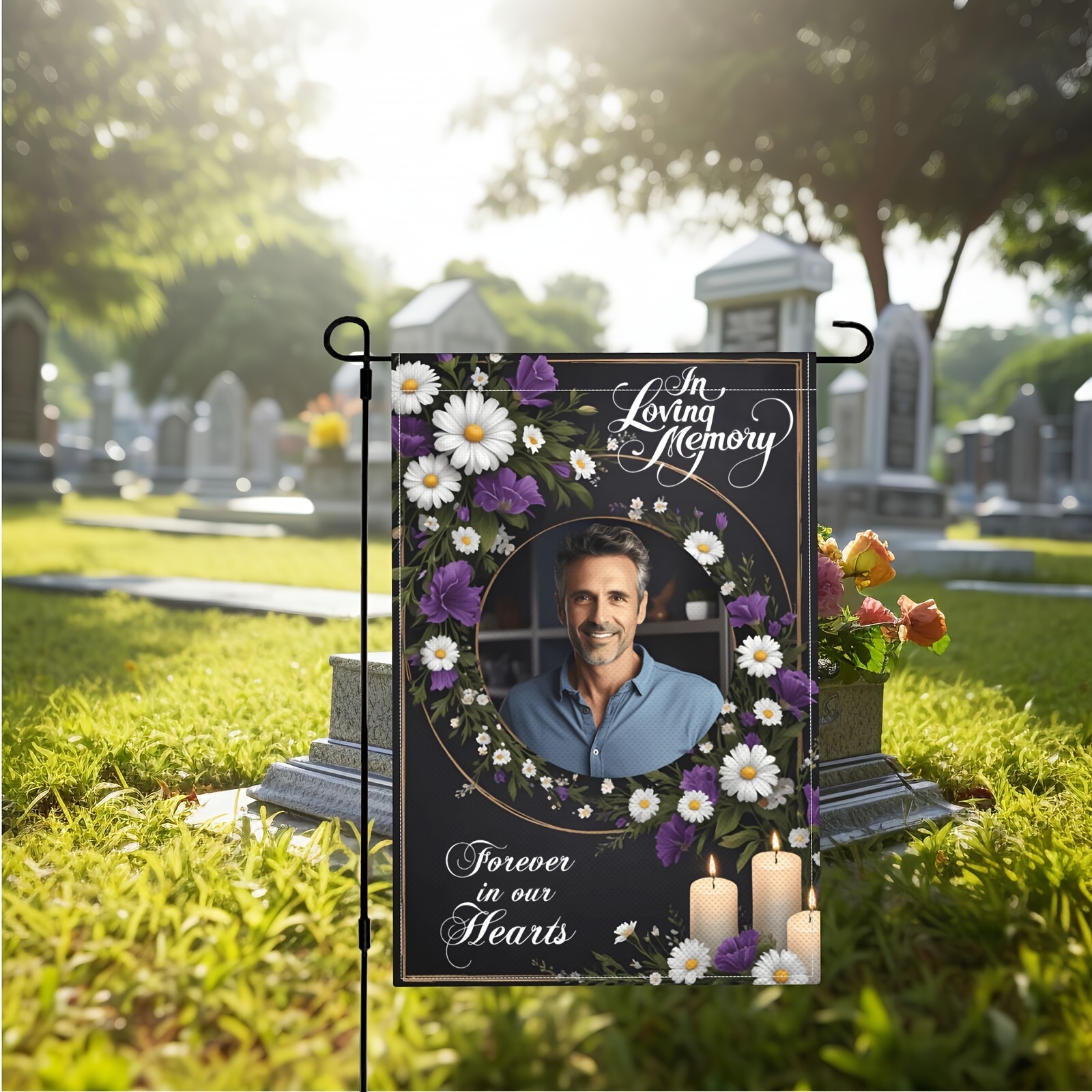 

Custom Memorial Garden Flag - Personalized Photo, 'in Loving In Our Hearts' & '' Designs, Durable Linen, Outdoor Yard, Lawn, Cemetery Decor