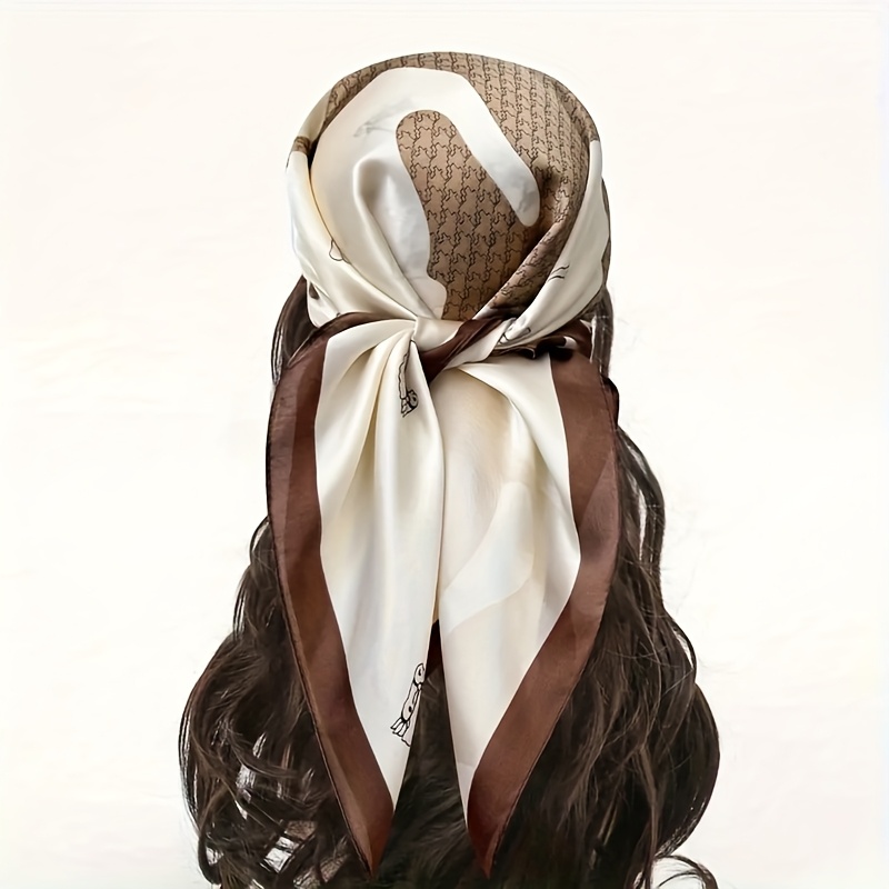 Elegant Brown And Beige Satin Scarf - 70x70 Cm, Breathable Polyester Fiber, Women's Fashion Headwear, Casual Weekend Accessory, Stylish Headpiece | Chic Headband | Durable Hair Accessory, Headband