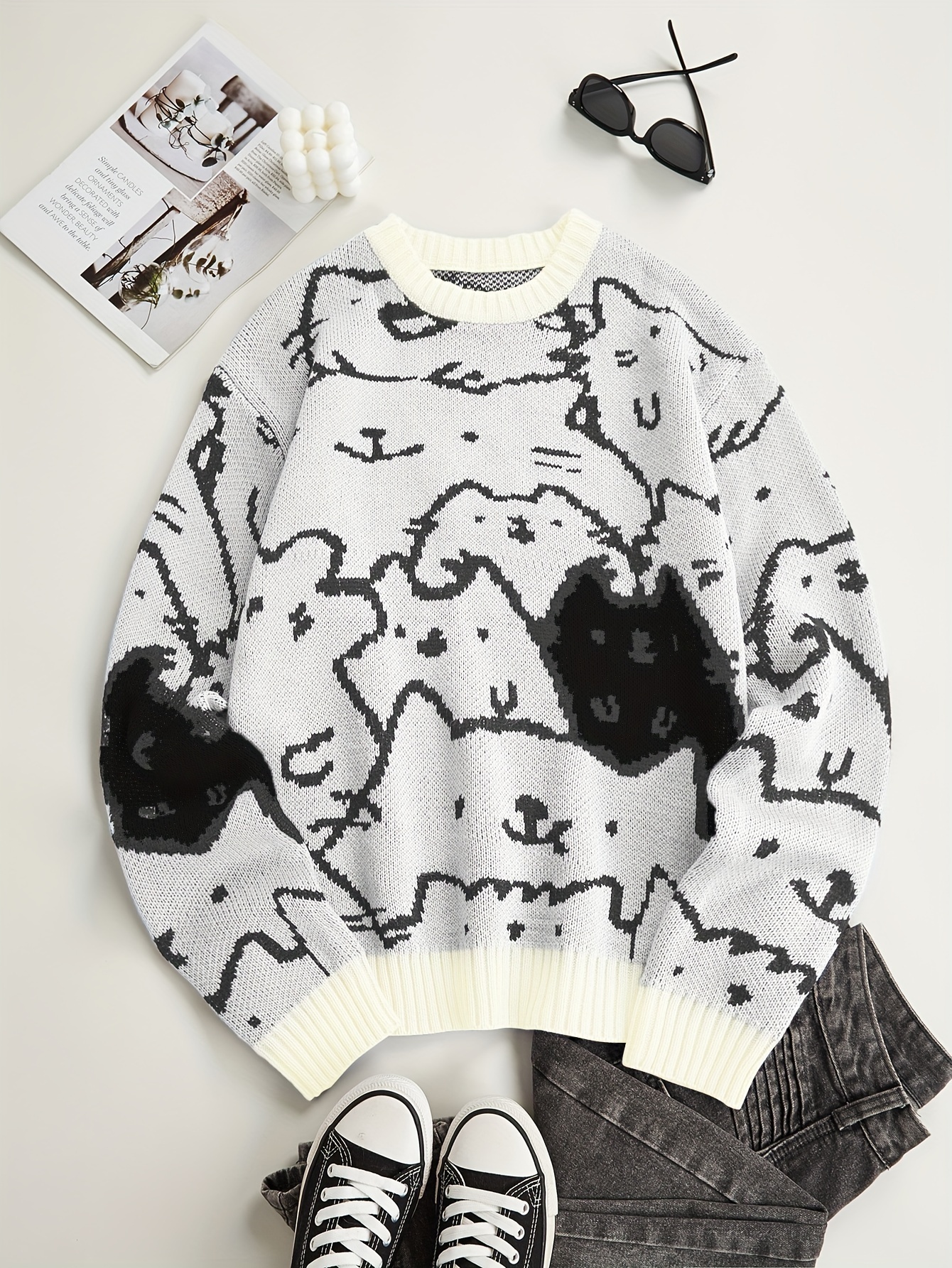 Cute Cats Pattern Knitted Sweater s Casual Warm Slightly Stretch Crew Neck Pullover Sweater For